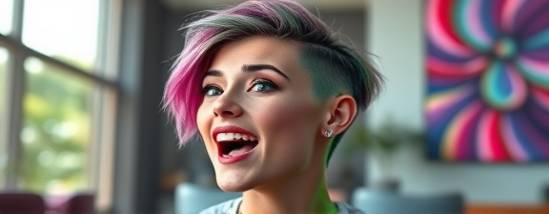 dynamic haircut, excited expression, showcasing a bold coloring style, photorealistic, modern interior with vibrant wall art, highly detailed, light reflecting from glossy hair, 8K resolution, neon greens and pinks, natural daylight, shot with a 85mm lens.