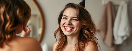 trendy hair coloring, joyful expression, DIY hair coloring in process, photorealistic, cozy home environment with a mirror and towels, highly detailed, subtle brush strokes on hair, 6K resolution, rich sunlit browns and golds, soft morning light, shot with a 35mm lens.
