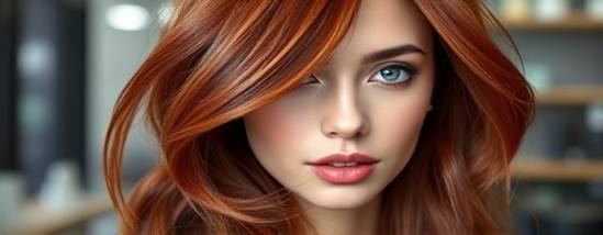 artistic hair transformation, focused expression, applying professional coloring techniques, photorealistic, upscale salon with sleek design, highly detailed, hair swaying gently, 8K resolution, deep shades of red and copper, cool studio lighting, shot with a 105mm lens.