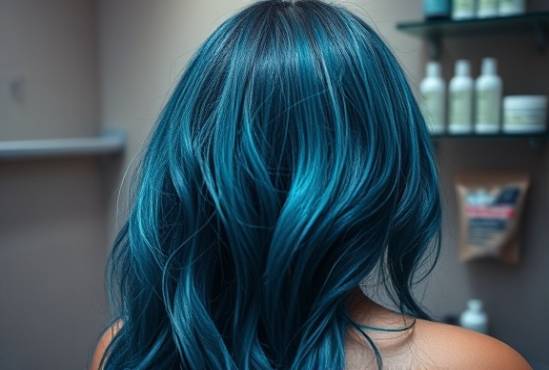 experimental hair shading, thoughtful expression, DIY coloring attempt, photorealistic, apartment bathroom with shelves of products, highly detailed, water droplets in air, 4K resolution, gradient blues and silvers, soft bathroom light, shot with a 24mm lens.