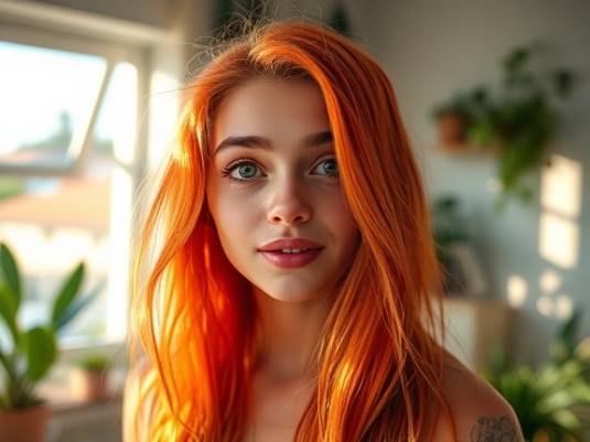 vivid color hues, curious expression, experimenting with hair color, photorealistic, cheerful living room with houseplants, highly detailed, hair textures catching light, 6K resolution, fiery oranges and reds, late afternoon sunbeam, shot with a 40mm lens.