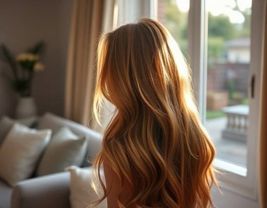 elegant ombre hair, serene, gazing out a window, photorealistic, cozy living room with soft furnishings and a garden view, highly detailed, sunlight streaming on hair, captured with an 85mm lens, soft pastels, natural morning light, shot with a Nikon D850