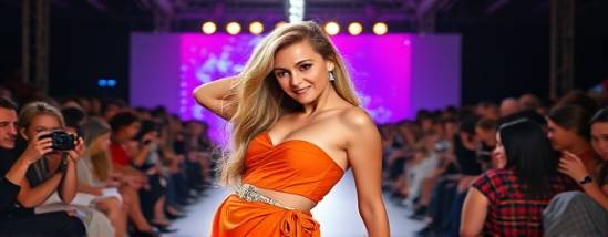 fashion-forward balayage fashion, playful, posing at a fashion show, photorealistic, vibrant runway with flashing cameras and audience, highly detailed, fabric movement, captured with a 24-70mm lens, bold neons, bright spotlight, shot with a Sony A7R IV