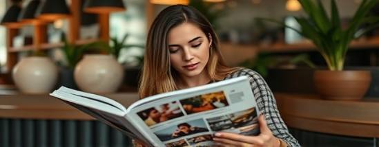 trendy ombre trend, thoughtful, flipping through a magazine, photorealistic, stylish café with plants and wooden accents, highly detailed, reflections on glossy pages, captured with a 35mm lens, muted earth tones, soft indoor lighting, shot with a Leica Q2