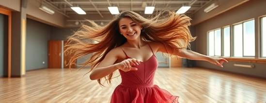 modern balayage look, joyful, dancing in a studio, photorealistic, spacious dance studio with large mirrors and wooden floors, highly detailed, flowing fabric and hair swirls, captured with a 70-200mm lens, vibrant shades, bright overhead lights, shot with a Fujifilm X-T4