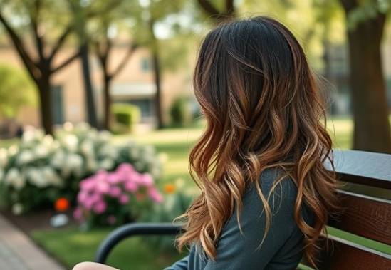 sophisticated ombre hair, relaxed, sitting on a park bench, photorealistic, serene park setting with blooming flowers and chirping birds, highly detailed, gentle breeze tousling hair, captured with a 100mm macro lens, pastel highlights, dappled sunlight, shot with a Nikon Z7
