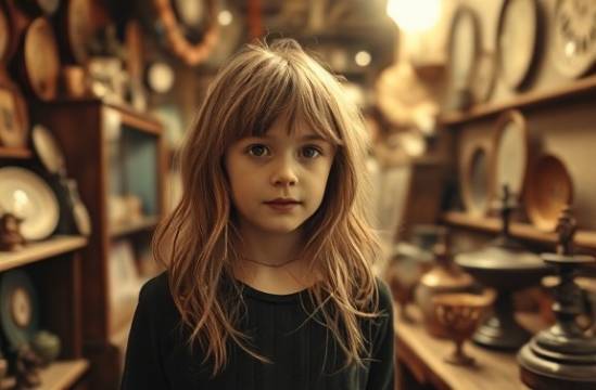 youthful balayage fashion, curious, exploring a vintage shop, photorealistic, cluttered store with antique décor and eclectic items, highly detailed, dust particles in beams of light, captured with a 28mm lens, vintage sepia, ambient indoor lighting, shot with a Canon R5